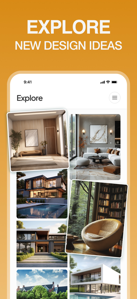 Interior Design: Home Decor AI - Pantalla de exploración de la aplicación Interior Design Home Decor AI mostrando varias ideas de diseño de interiores y exteriores de casas