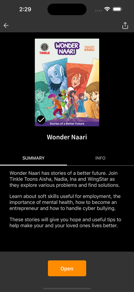 Summary page for the Wonder Naari comic book in the Tinkle Comics app.