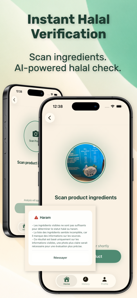Halal Check: AI Food Scanner - Smartphone showing the Halal Check app scanning a product label for dietary compliance