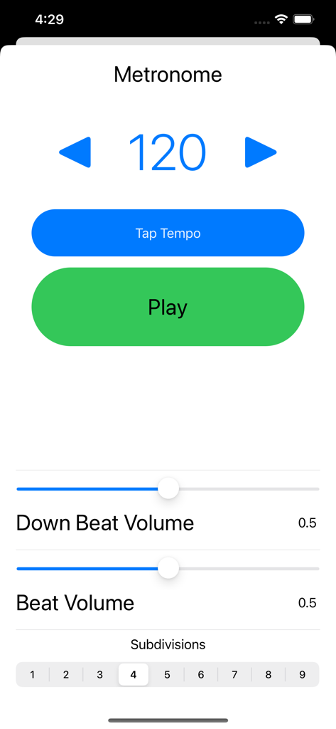 テンポ設定と音量コントロールが表示されたWGWアプリのメトロノーム・インターフェース
