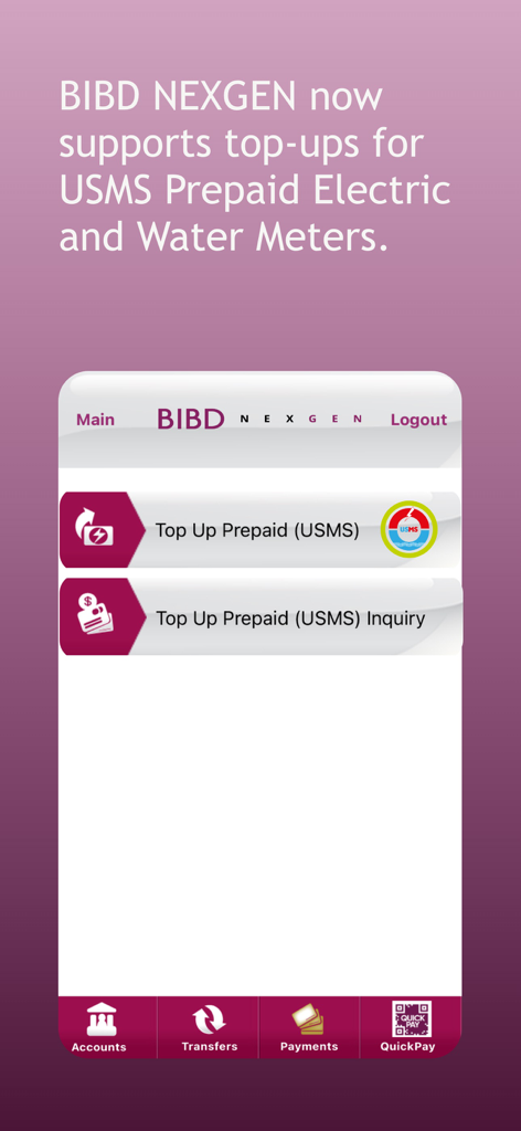 BIBD Mobile - BIBD Mobile app interface showing prepaid electric and water meter top-up options