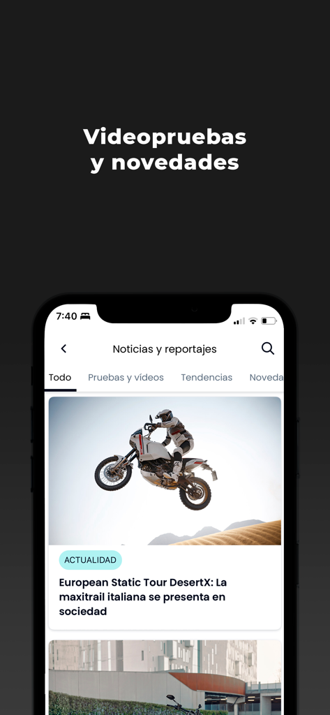 Motos.net - Motos de ocasión - Captura de pantalla de la sección de noticias y reseñas de vídeo de la aplicación Motos.net mostrando un artículo de motocicletas