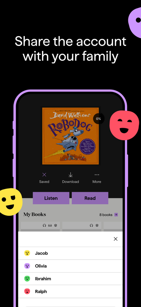 BookBeat: Audiobooks & E-books - 複数のユーザープロフィールと児童書が表示された、BookBeatアプリのファミリーアカウント機能のインターフェース