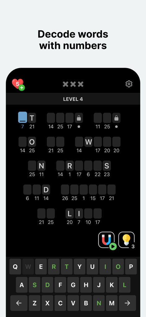 Cryptograms - Word Puzzles - クリプトグラムのパズルゲーム画面、プレイヤーが数字を使って単語を解読している様子