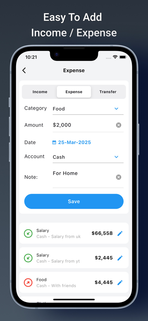 Mobile App-Oberfläche zum Hinzufügen von Einnahmen und Ausgaben in Money Manager Budget Pro