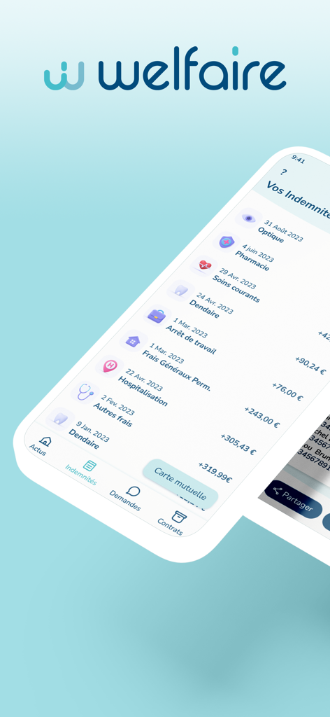 Interface de l'application Welfaire montrant une liste numérique de remboursements d'assurance médicale et professionnelle