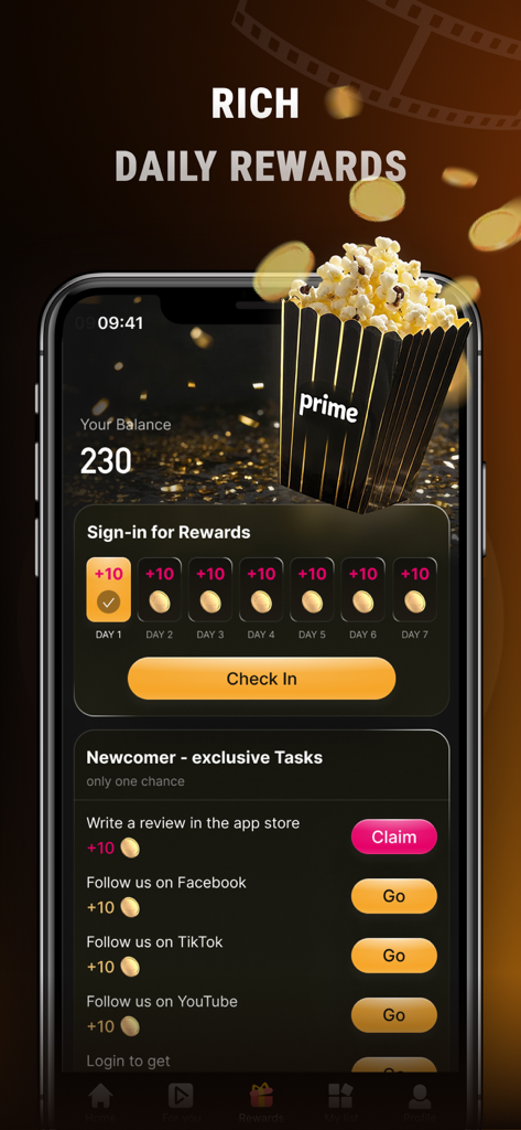Prime Drama - Prime Drama app screen showing rich daily rewards and exclusive newcomer tasks to earn coins