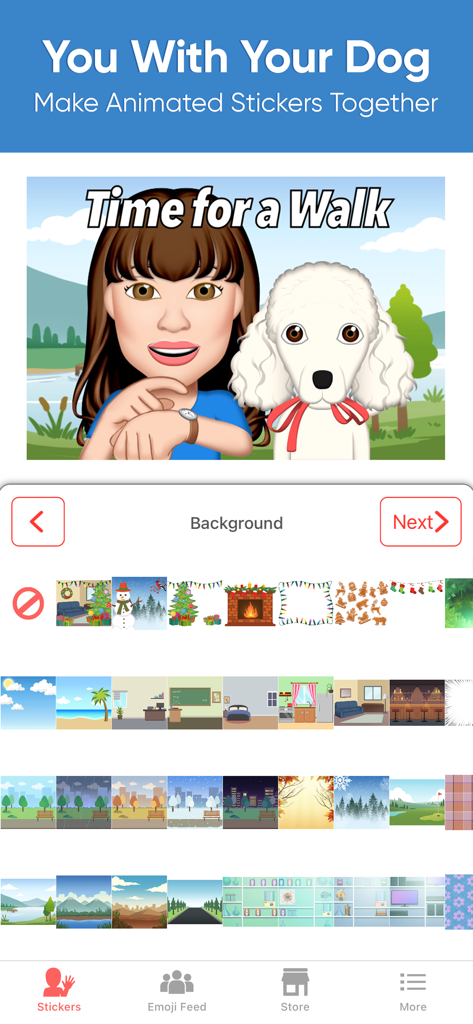 Dog Emoji Designer - Interface for choosing a background in the Dog Emoji Designer app showing a woman and her poodle