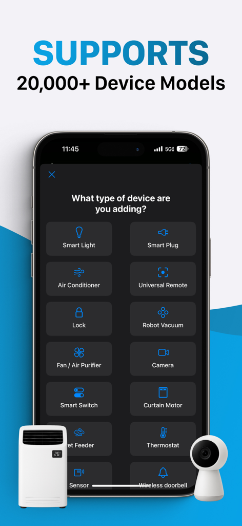 Schermata dello smartphone che visualizza categorie di dispositivi domestici intelligenti supportati come luci, prese e fotocamere.