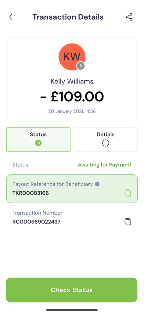 DahabshiilApp - Transaction details screen in the Dahabshiil app showing a transfer of 109 pounds with an awaiting payment status.
