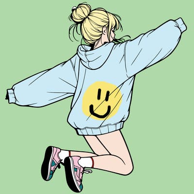 realistic girl jumping with a bun and oversized sweatshirt