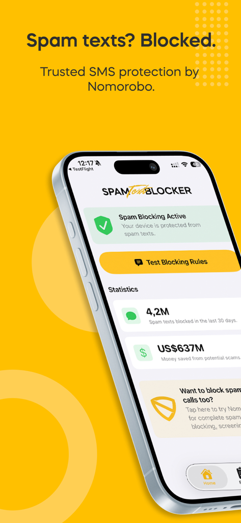 Spam Text Blocker by Nomorobo app dashboard on iPhone showing active protection and stats for blocked spam texts