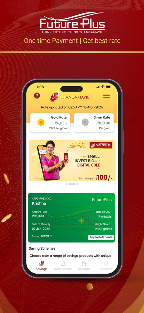 Mobile app interface of Thangamayil DigiGold showing live gold rates and the FuturePlus investment scheme progress.