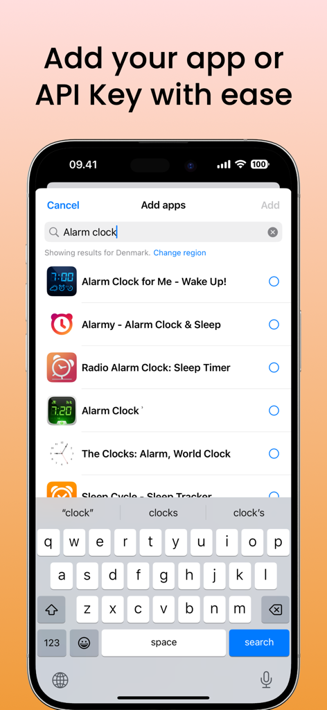 Five Stars: Reviews & Ratings - Search interface in the Five Stars app showing a list of alarm clock apps to add for review monitoring