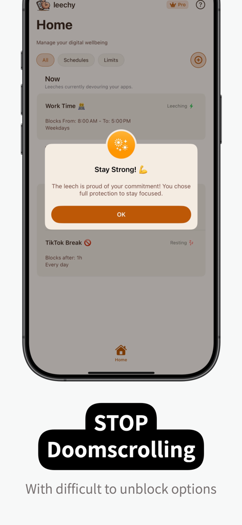App Time Limit: Screen Leech - Screen Leech app home screen displaying a Stay Strong message to help users stop doomscrolling and stay focused
