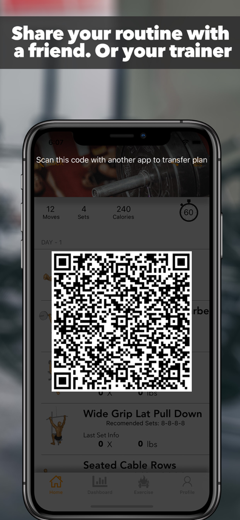Fitzy AI Fitness & Workout - Fitzy app screen showing a QR code to share a workout routine with friends or trainers.