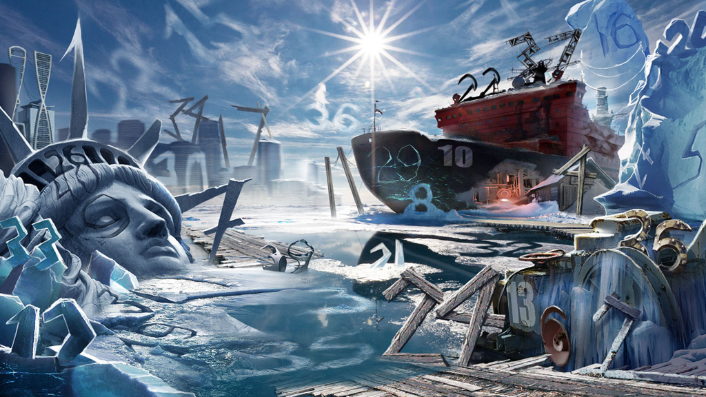 Cena de puzzle de números escondidos em um porto ártico congelado com uma cabeça de estátua gigante