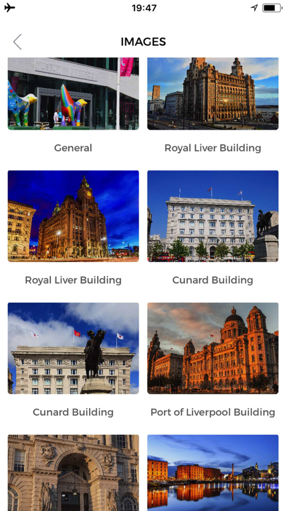 A gallery of photos within the Liverpool Travel Guide app featuring landmarks like the Royal Liver Building and Cunard Building