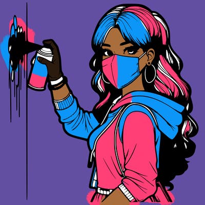 realistic girl with mask spray painting a wall