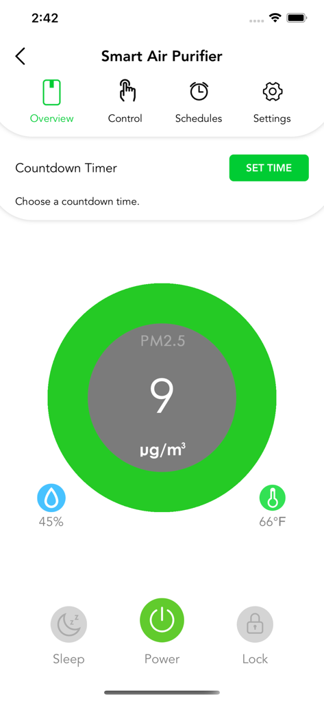 VOCOlinc - VOCOlinc smart air purifier app interface displaying air quality, humidity, and temperature levels.