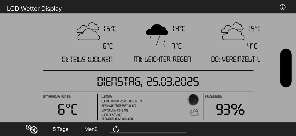 Retro digital LCD weather display showing current temperature humidity and three day forecast