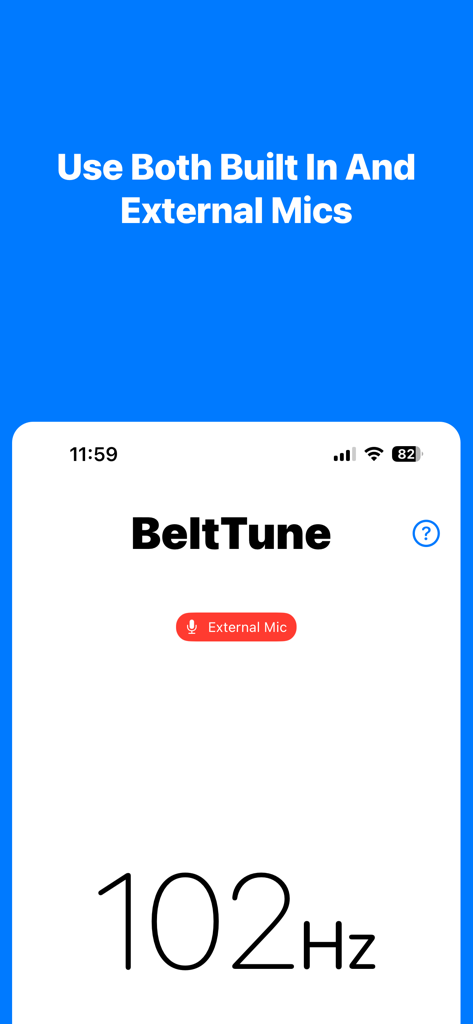 BeltTune - Interface de l'application BeltTune affichant une mesure de tension de courroie de 102 Hz et la prise en charge d'un microphone externe.