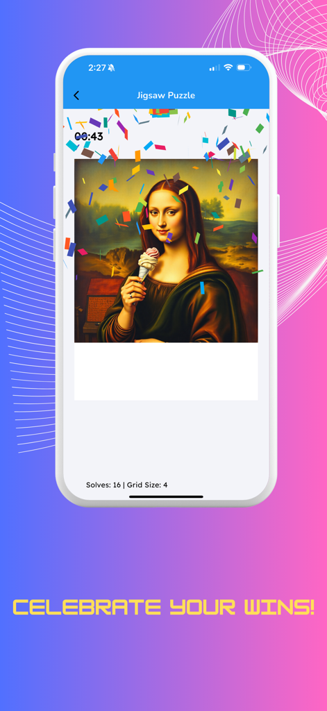 Un puzzle completato con una Monna Lisa generata dall'AI che tiene in mano un cono gelato con coriandoli celebrativi.