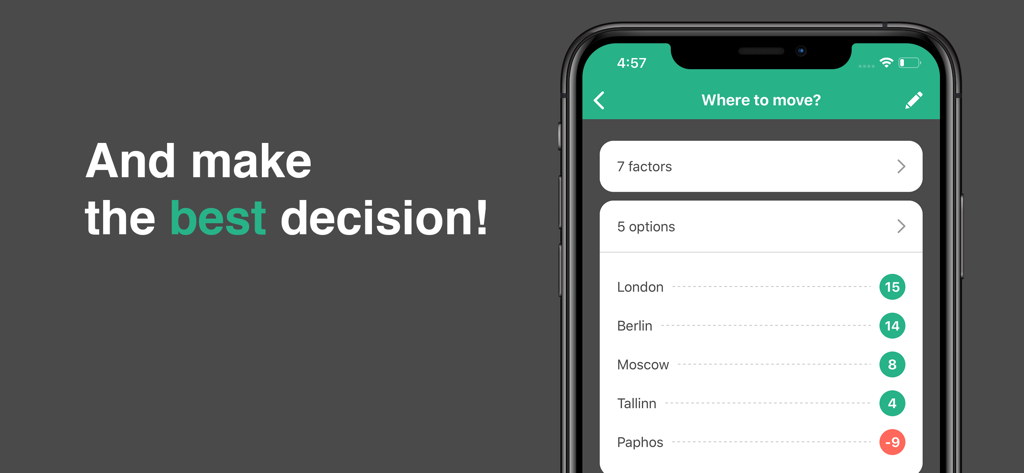 Pros n Cons app screen showing a ranked list of cities to help a user decide where to move