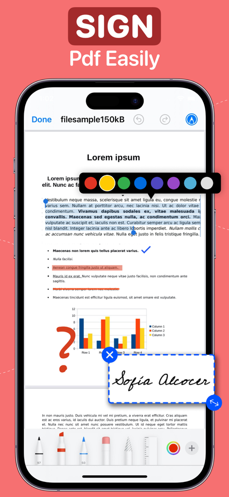 PDF Editor : Document Reader - An iPhone interface showing the PDF Editor app with a digital signature and annotation tools applied to a document