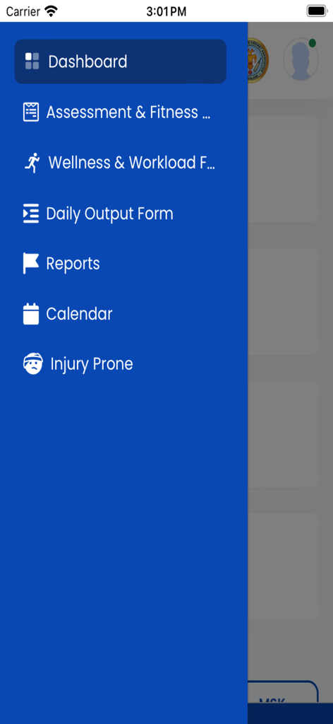 KSCA OTMS - Sidebar navigation menu of the KSCA OTMS app displaying categories like Dashboard Assessment Fitness and Reports