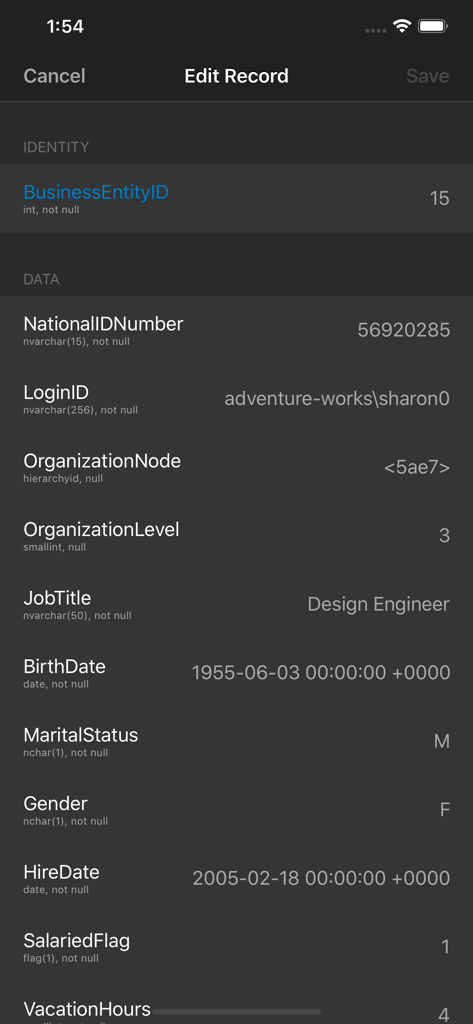 Pantalla móvil que muestra la interfaz de edición de registros en la aplicación SQL Server con campos y valores de base de datos.