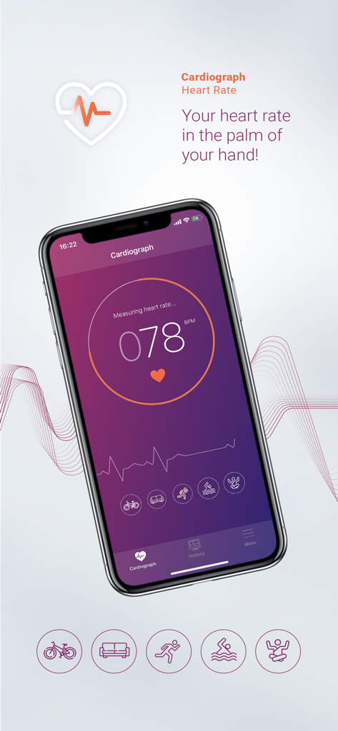 Cardiograph Heart Rate app interface on an iPhone displaying a pulse reading of 78 BPM and a PPG graph