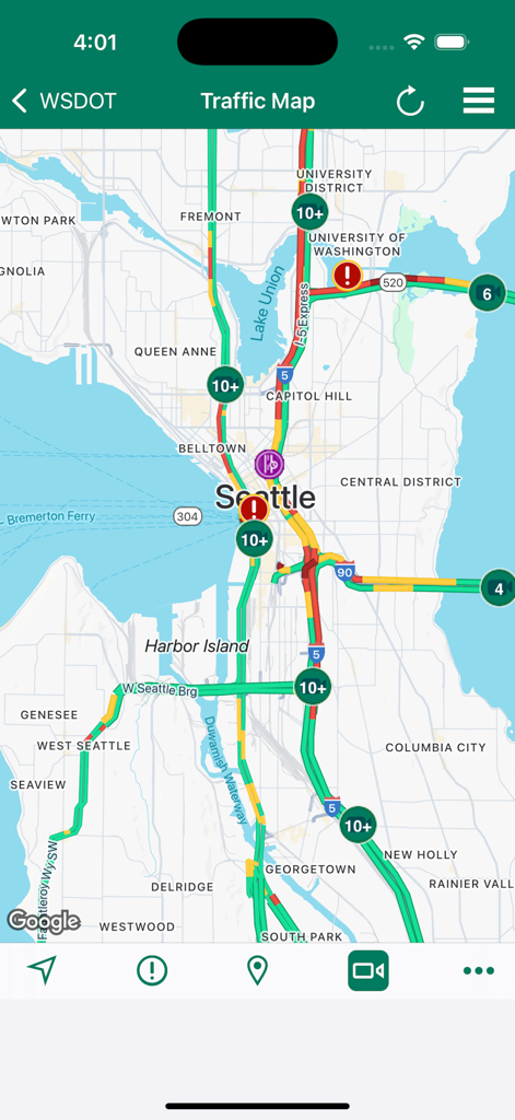 WSDOTモバイルアプリの交通マップ。シアトルのリアルタイムの道路状況とインシデントを示しています。
