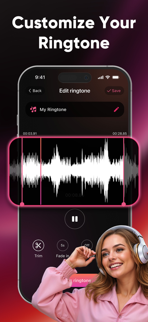 Ringtones Maker & Wallpapers - A mobile app interface for editing and customizing custom ringtones on an iPhone.