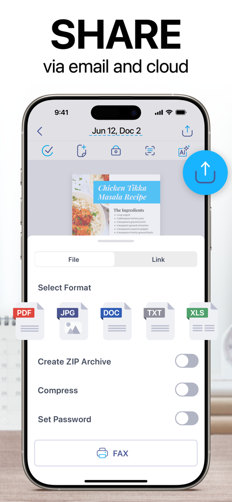Pantalla de la aplicación iScanner que muestra opciones de uso compartido y exportación para varios formatos de archivo como PDF y JPG