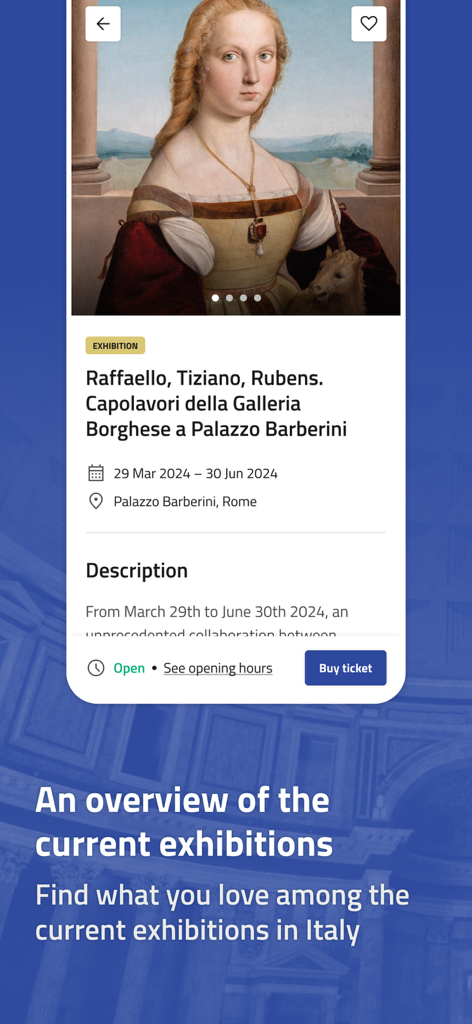 Musei Italiani - チケット購入オプション付きでバルベリーニ宮殿の展覧会詳細を表示するMusei Italianiアプリインターフェース