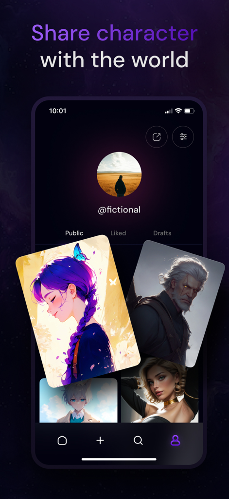 Fictional - Mobile app interface of Fictional showing a user profile with a gallery of diverse AI generated characters including anime and realistic styles
