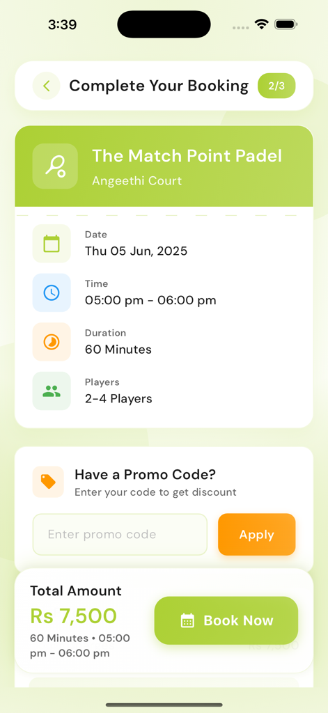 The Match Point PK - Pantalla de aplicación móvil que muestra un resumen para reservar una pista de pádel con detalles de la sesión y precio