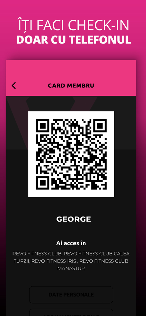 Digital gym member card with QR code in the REVO Fitness Club app