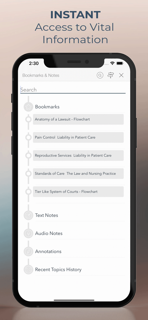 Bookmarks and notes interface showing legal flowcharts and study categories in the nursing ethics app.