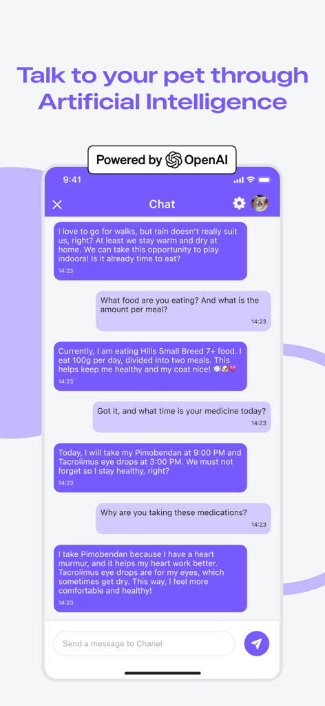 Flockr app interface showing an AI-powered chat for pet health and wellness tracking