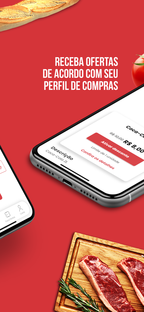 Primor Supermercado - A smartphone displaying personalized grocery discounts on the Primor Supermercado app against a red background with food imagery