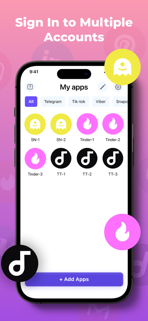 Interface of Dual Space app showing multiple cloned accounts for Snapchat Tinder and TikTok on an iPhone