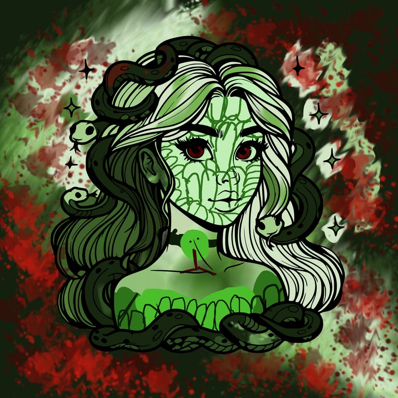 realistic girl with snakes as hair