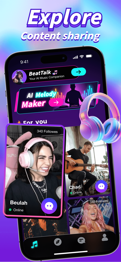 Luvia - Live Chat，Adult Share - Luvia app explore screen displaying live chat users and music creation features