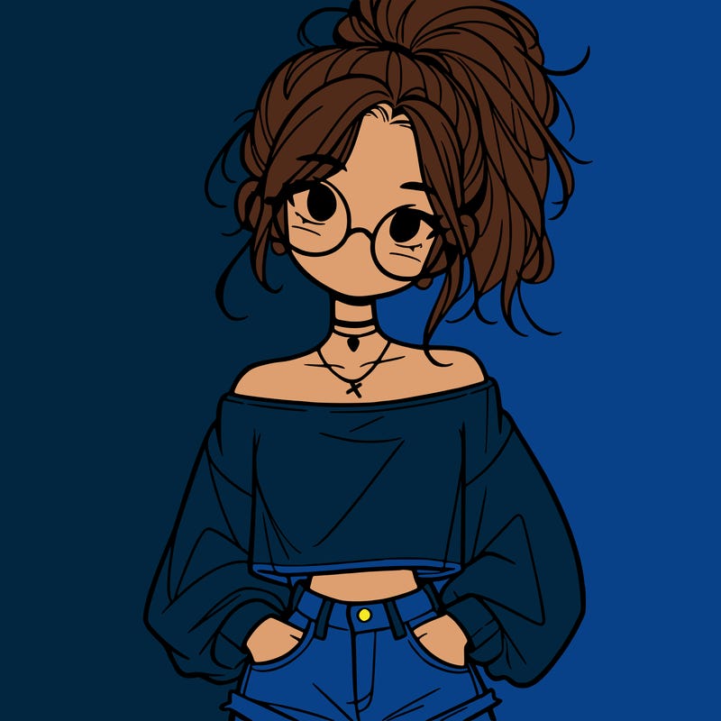 girl with a messy ponytail glasses a baggy crop top and jean shorts