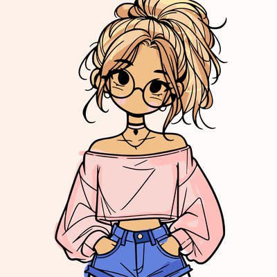 girl with a messy ponytail glasses a baggy crop top and jean shorts
