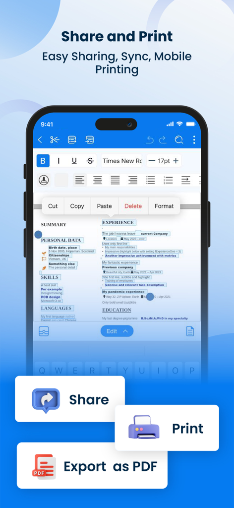 Office Word Editor:Docs, Share - Office Word Editor App-Oberfläche mit Dokumentenbearbeitungswerkzeugen und Schaltflächen zum Teilen, Drucken und Exportieren als PDF.