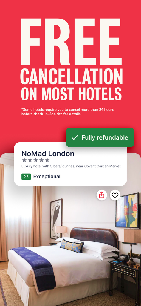 Interface de l'application Hotels.com mettant en évidence l'annulation gratuite sur la plupart des hôtels et une chambre de luxe au NoMad London