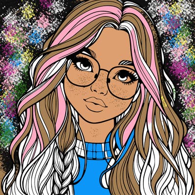girl with long hair and freckles and glasses realistic